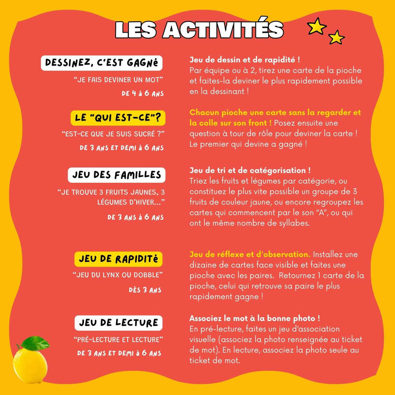 les activités avec les mondy des fruits et légumes
